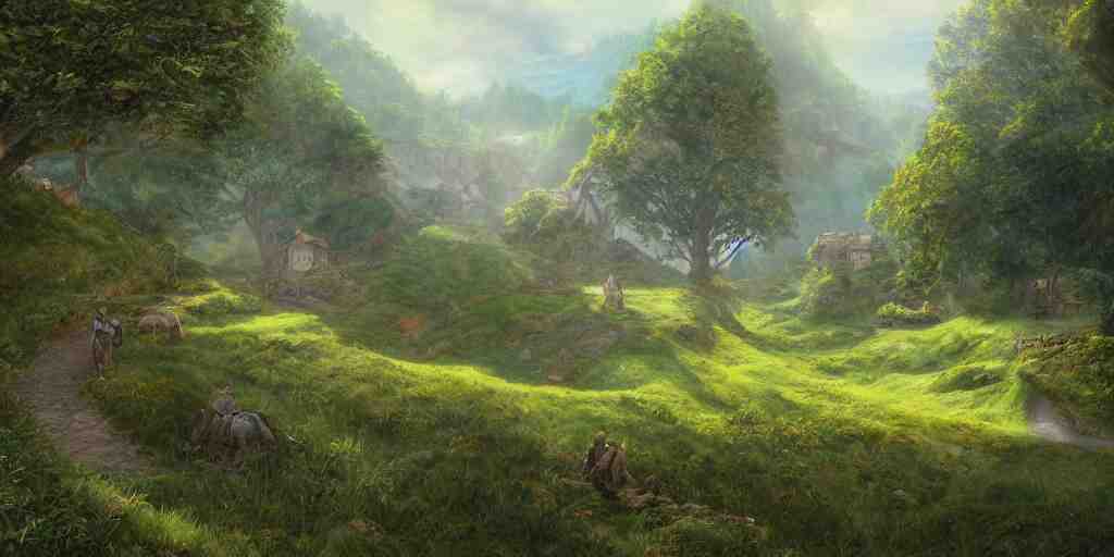 the shire, beautiful scenic landscape, lord of the rings, highly detailed professional digital painting, artstation 