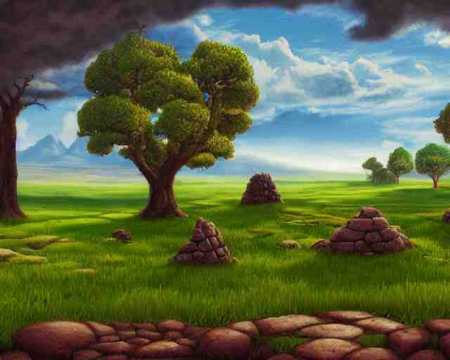 empty grass field with a burned down small stone circle, at midday, from a fantasy themed point and click 2 d graphic adventure game, art inspired by thomas kinkade, 