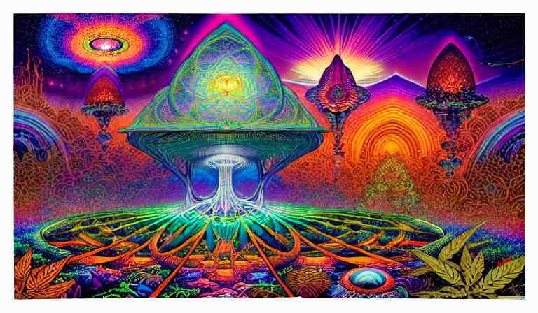 an expansive rendering of beautiful and complex interwoven spiritual connection between all beings by dan mumford, by jim fitzpatrick, by joe wilson, by jim burns, by victo ngai, by jacek yerka, surrounded with colorful magic mushrooms and rainbowcolored marihuana leaves, insanely integrate, featured on deviant art, trending on artstation 