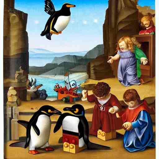 penguins playing with legos, renaissance painting 