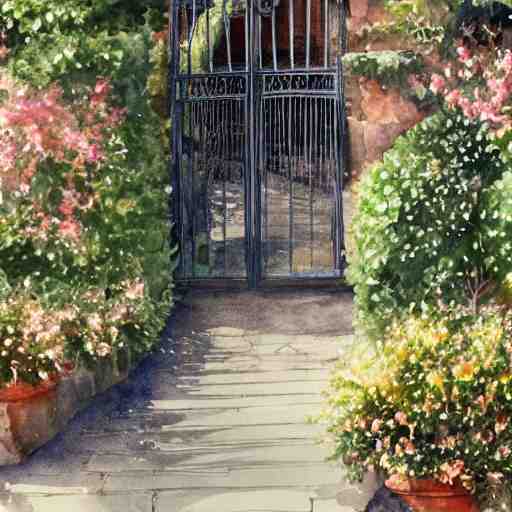 delicate, garden, paved, botanic watercolors, iridescent, 8 k, realistic shaded, fine details, artstation, italian, chairs, iron gate, pine maritime, mediterranean 