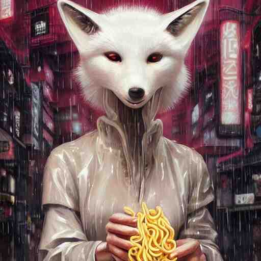 white anthropomorphic female vulpes vulpes fulva, eating ramen from a bowl, in the rain by a noodle kiosk, in crowded and wet street of a city, cyberpunk, harsh neon lights, highly detailed, digital painting, trending on artstation, concept art, sharp focus, illustration, art by artgerm and greg rutkowski and magali villeneuve 