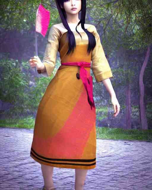 render as a very beautiful daz 3d anime aiko girl, wearing assamese bihu mekhela sador gamosa dress, long braided black hair, hazel eyes, full round face, short smile, assam tea garden setting, cinematic lighting, medium shot, mid-shot, highly detailed, trending on Artstation, Unreal Engine 4k, daz studio genesis iray ultra hd, cinematic wallpaper by Stanley Artgerm Lau, anime masterpiece,