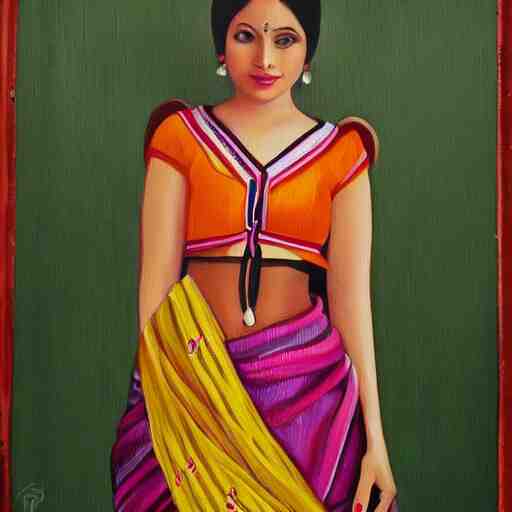 a beautiful oil painting of cute girl wearing modern stylish costume in the style of Assamese bihu mekhela sador gamosa design, commercial fashion design art concept