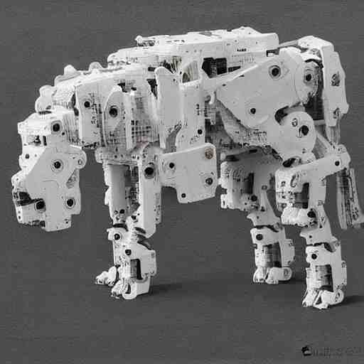 dog type mech made of white plastic art by jakub rozalski 