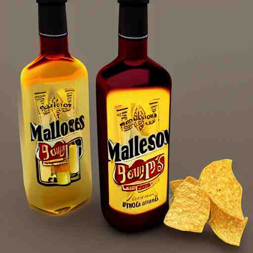 bag of chips with malort bottle design, jeppson's malort, malort bottle, hd render, realistic 