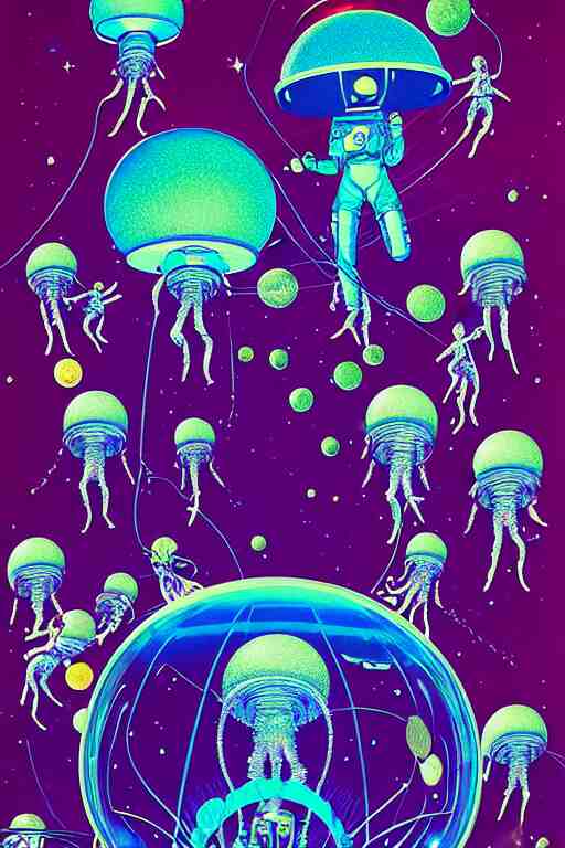 crenelated chrome space - suits protect jovial jellyfish kawaii space - cadets from certain doom as the planet they orbit sends elastic aerochrome nets attack them, tristan eaton, victo ngai, maxfield parrish, artgerm, koons, ryden, intricated details, 3 / 4 view, space scene illustration on black paper 