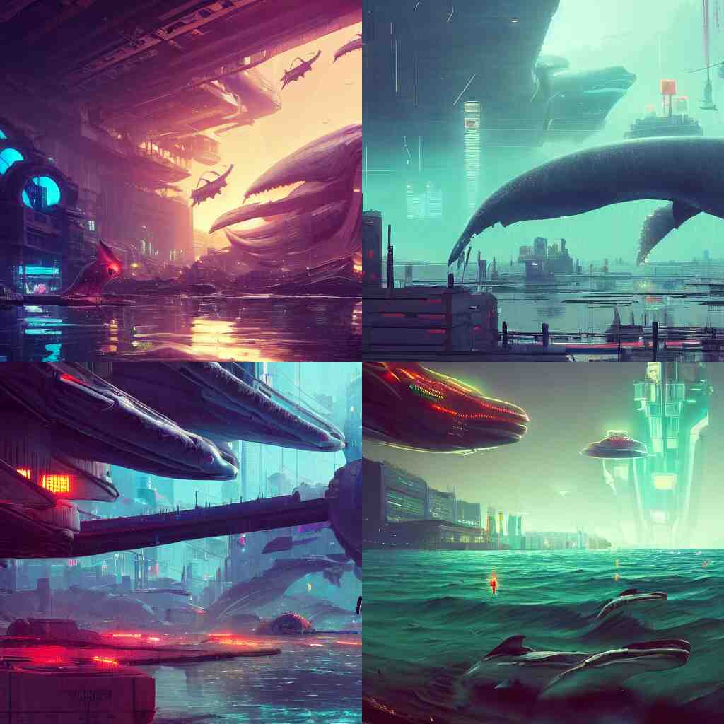 epic gigantic cyberpunk whales floating in a colossal sci-fi city, by Simon Stalenhag, by Ruan Jia, by Marc Simonetti, masterpiece, cinematic composition, beautiful lighting, dynamic, dramatic, sharp, trending on artstation, featured on pixiv, 8K