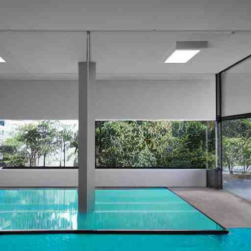 upholstered sofas fluorescent ceiling lighting rectangular water pond in a large minimalistic concrete rectangular room with no windows, a tilt shift photo by leandro erlich, featured on cg society, kitsch movement, hall of mirrors, high dynamic range, studio portrait 