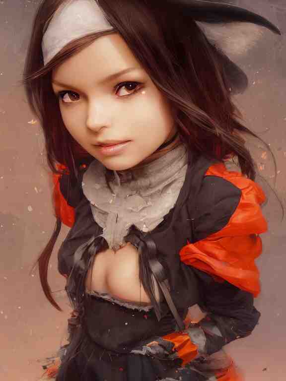 Full shot of a cute mischievous young witch about to get up to some trouble. Latin American fashion. Black and Orange palette. Latina girl. brown skin. By Ruan Jia and Artgerm and Range Murata and WLOP. Key Art. Fantasy Illustration. award winning, Artstation, intricate details, realistic, Hyperdetailed, 8k resolution.