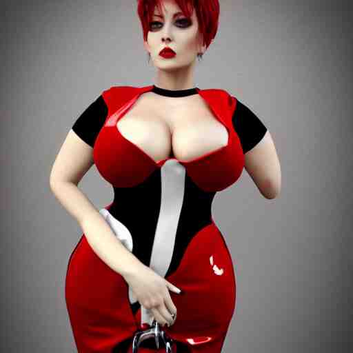 an elegant curvy feminine pale goth cutie wearing an elaborate latex-nylon-leather striped red-black-silver-gold neck-high dress, thin waist, cgsociety, photorealistic, 16k, smooth, sharp focus, trending on ArtStation, volumetric lighting, worksafe, sublime-comforting-intriuging ambience