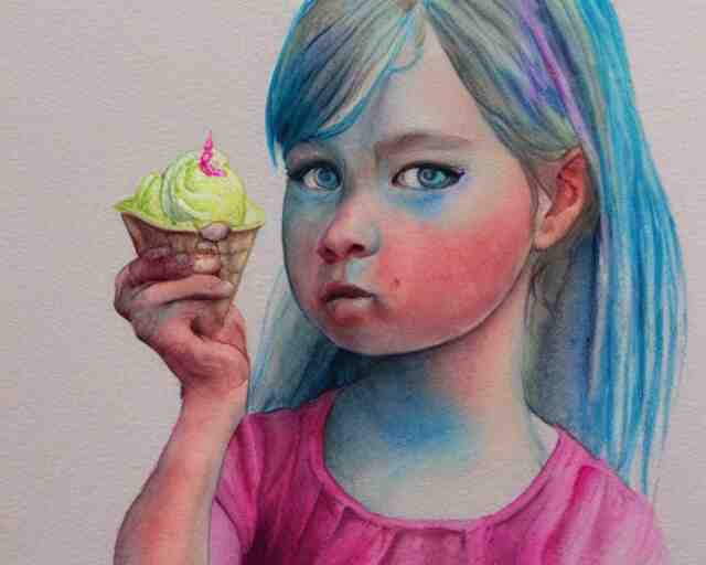 a little girl with the ice cream watercolor colored pencil painting trending on artstation 