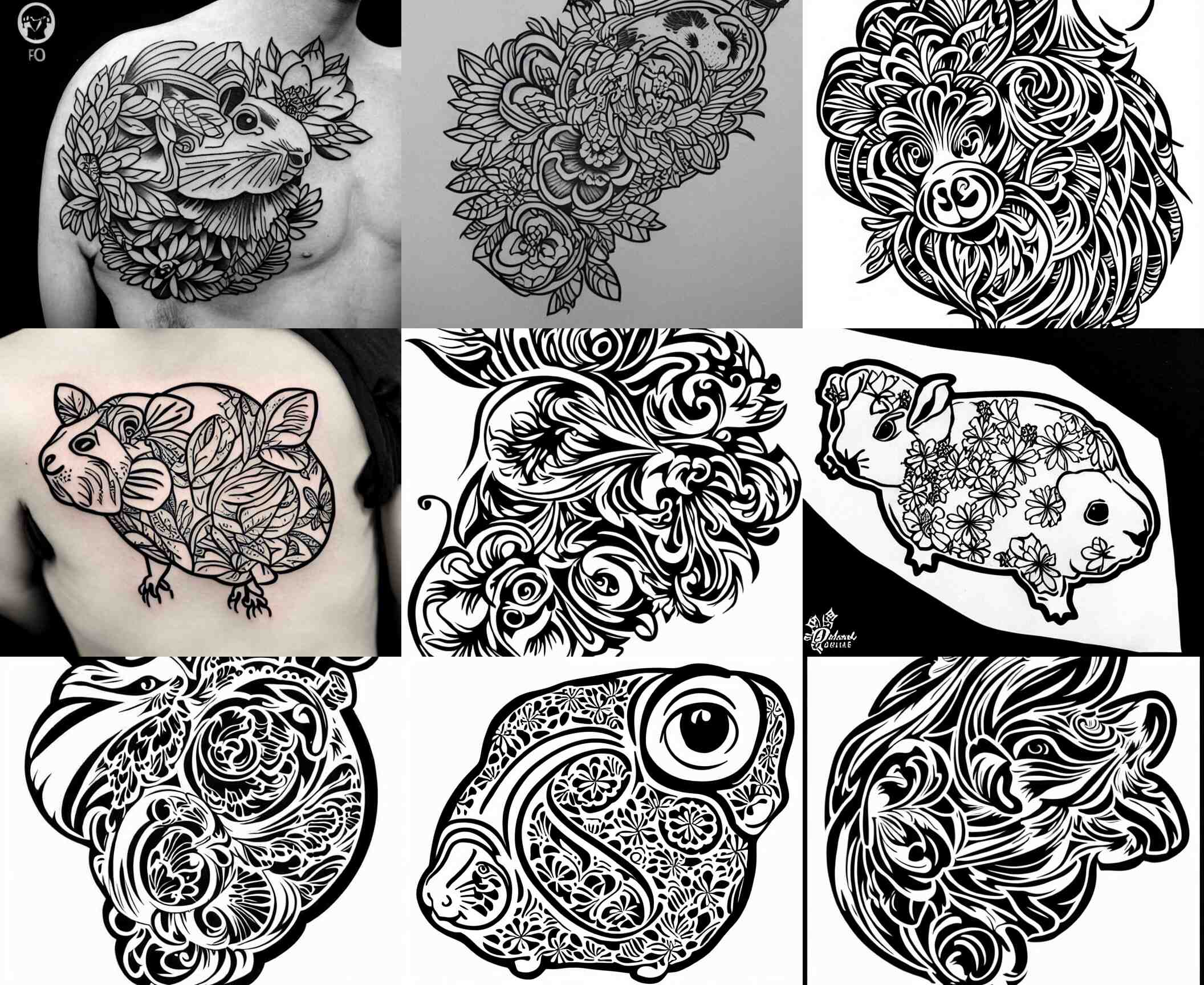 detailed tattoo stencil bold lines, floral guinea pig 