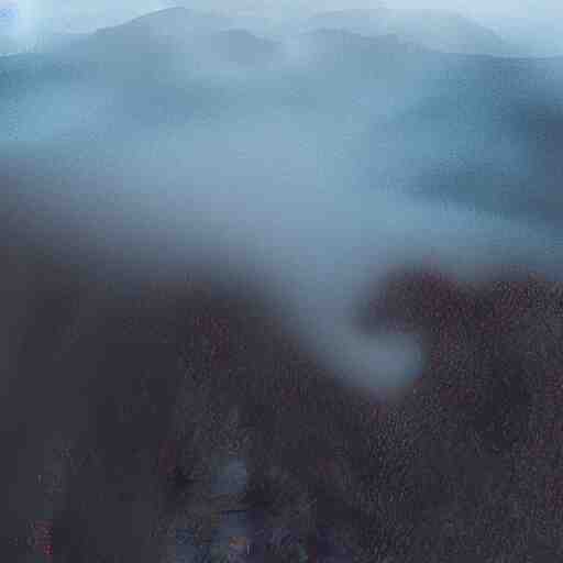 “ aerial view of a mountain, fog on the ground, voxel, vibrant colors ” 