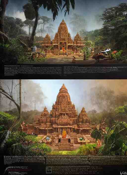 8 k concept art from a hindu temple lost in the jungle by david mattingly and samuel araya and michael whelan and dave mckean and richard corben. realistic matte painting with photorealistic hdr volumetric lighting. composition and layout inspired by gregory crewdson. 