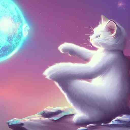 illustration of a white fluffy cat wizard casting a spell in space. 4k trending ArtStation highly detailed vibrant