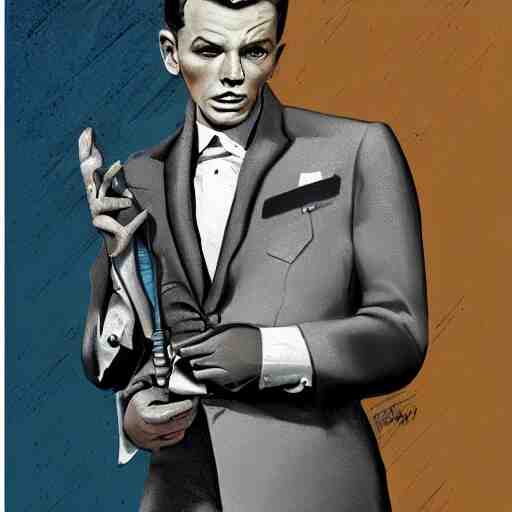 perfect composition, subdued color palette, award-winning concept art, detailed digital painting, airbrushed, low contrast: costume design for young Frank Sinatra as a poor dystopian dieselpunk 1950s bartender. Volumetric cinematic lighting, great attention to perfect anatomy, special attention to posing, great attention to realistic facial expression, faithful cinematic color scheme, perfectly coherent. In the style of: Greg Rutkowski, Syd Mead, Norman Rockwell, Edward Hopper, James Gilleard, Ilya Kuyshinov, WLOP, and Stanley Artgerm.