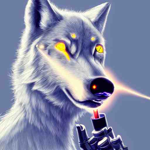 a robotic wolf smoking a cigarette vibrant lighting, elegant, highly detailed, smooth, sharp focus, illustration, beautiful, geometric, trending on artstation, full body, cinematic, artwork by borovikovsky 