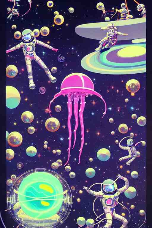 crenelated chrome space - suits protect jovial jellyfish kawaii space - cadets from certain doom as the planet they orbit sends elastic aerochrome nets attack them, tristan eaton, victo ngai, maxfield parrish, artgerm, koons, ryden, intricated details, 3 / 4 view, space scene illustration on black paper 