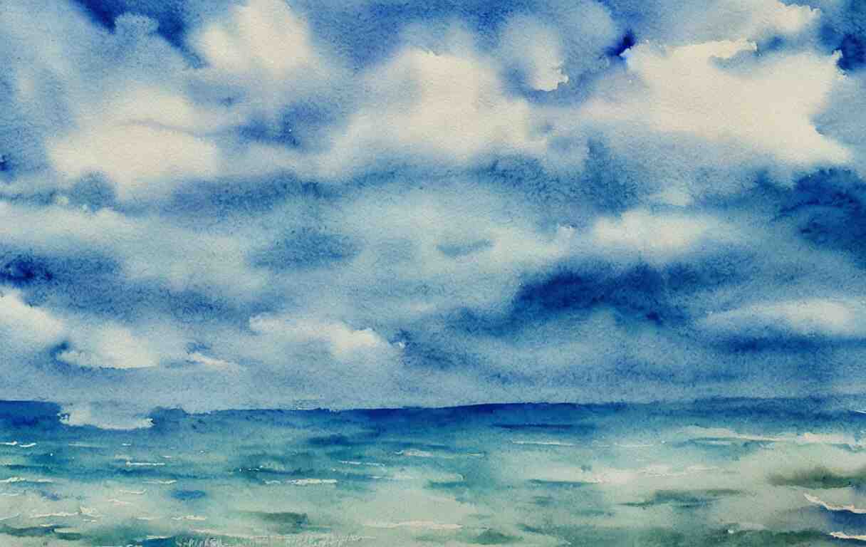 a beautiful watercolor painting of a beautiful ocean with peaceful fluffy clouds in the sky 