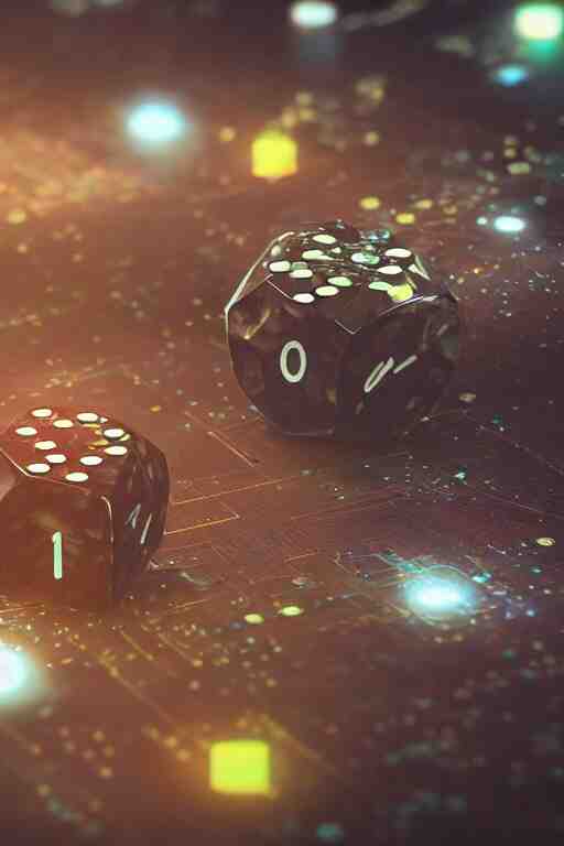 closeup, of one futuristic sci-fi Twenty sided dice, in the background players at a table that are in still high tech suites, bokeh, sharp focus, intricate concept art, highly detailed, 8k, cinematic, sharp focus