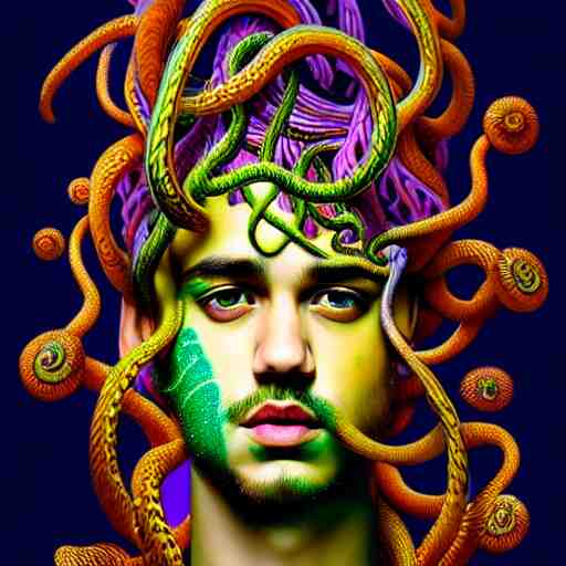 an extremely psychedelic portrait of jusyin bieber as medusa, surreal, lsd, face, detailed, intricate, elegant, lithe, highly detailed, digital painting, artstation, concept art, smooth, sharp focus, illustration 