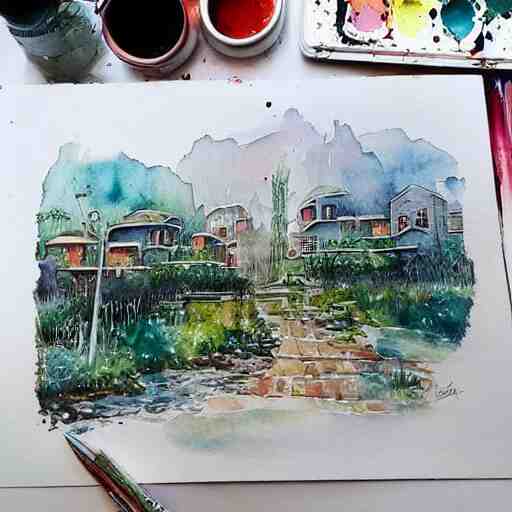 Beautiful happy picturesque charming sci-fi town in harmony with nature. Beautiful light. Water and plants. Nice colour scheme, soft warm colour. Beautiful detailed artistic watercolor by Olivia. (2022)