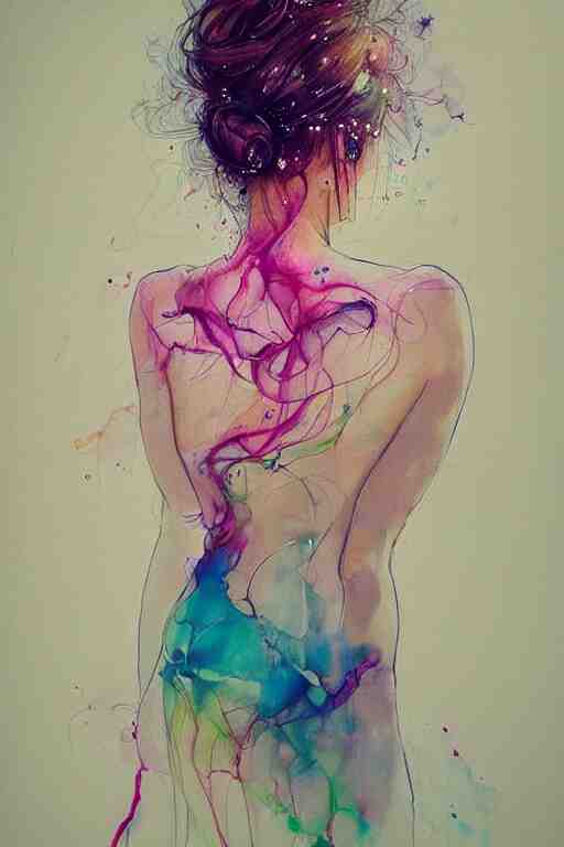 sexy lacivious little smile sophia vergara by agnes cecile enki bilal moebius, intricated details, 3 / 4 back view, hair styled in a bun, bend over posture, full body portrait, extremely luminous bright design, pastel colours, drips, autumn lights 