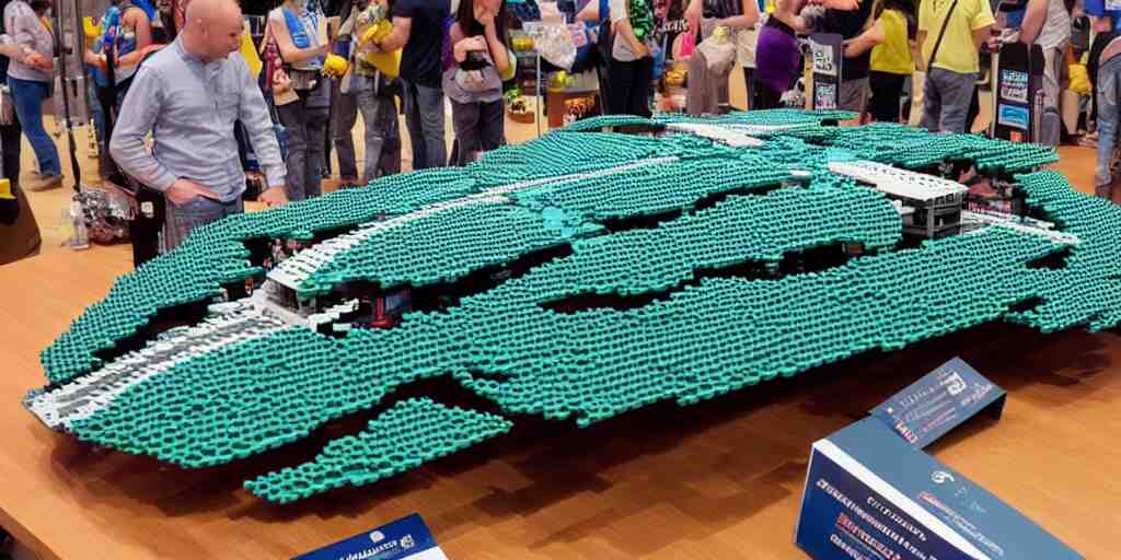 wide shot lens photo of a very intricately detailed and epically shaped 1. 2 5 m long alien lego mothership ufo kit designed by a master builder as displayed at a lego convention. 