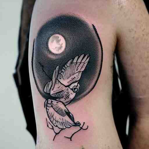 tattoo of owl flying at night through fog in the forest lit by the full moon 