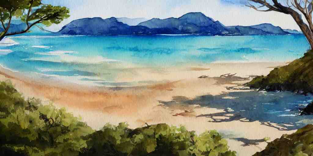 golden bay new zealand, abel tasman, colorful watercolor painting, trending on artstation