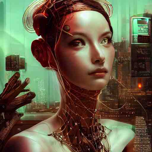 the portrait of an absurdly beautiful, graceful, sophisticated, fashionable cyberpunk gynoid gravure idol, an ultrafine hyperdetailed illustration by kim jung gi, irakli nadar, intricate linework, neon wiring, porcelain skin, unreal engine 5 highly rendered, global illumination, radiant light, detailed and intricate environment 