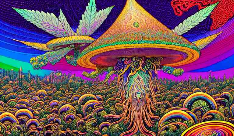 an expansive rendering of beautiful and complex interwoven spiritual connection between all beings by dan mumford, by jim fitzpatrick, by joe wilson, by jim burns, by victo ngai, by jacek yerka, surrounded with colorful magic mushrooms and rainbowcolored marihuana leaves, insanely integrate, featured on deviant art, trending on artstation 