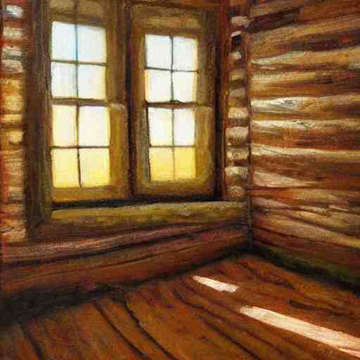 oil painting of mostly empty cottage interior, one small window with sunlight shining onto the floor. artistic. cozy. wooden floor. rustic. solace. 