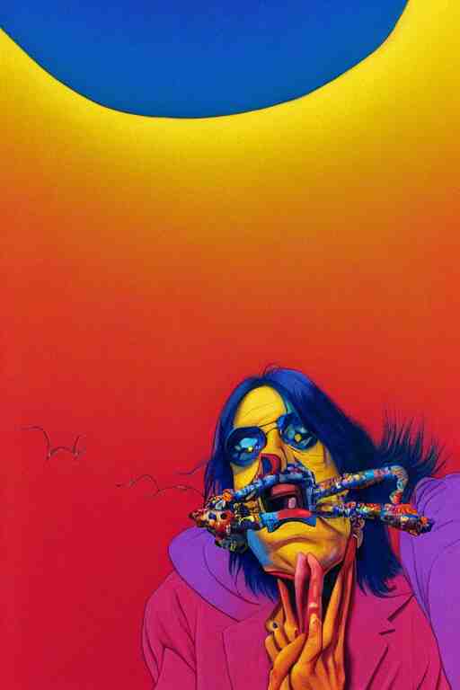 a colorful vibrant closeup portrait of Aerosmith licking a tab of LSD acid on his tongue and dreaming psychedelic hallucinations, by kawase hasui, moebius, Edward Hopper and James Gilleard, Zdzislaw Beksinski, Steven Outram colorful flat surreal design, hd, 8k, artstation