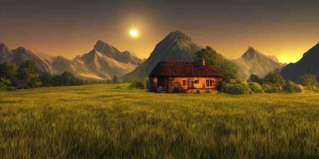 Grassy fields with large mountains in the distance, small cottage in the foreground, nighttime, moon in the night sky, landscape wallpaper, d&d art, fantasy, painted, 4k, high detail, sharp focus