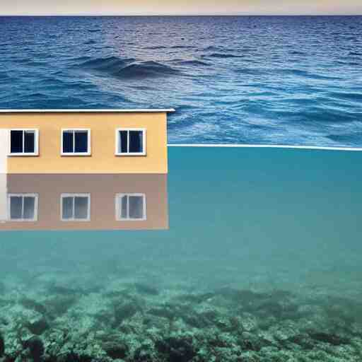 a house half submerged in the ocean. 