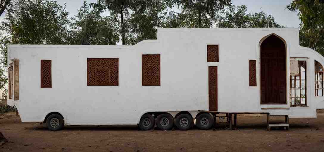 mughal - style white ivory tiny home on trailer with minarets in cyberpunk india 