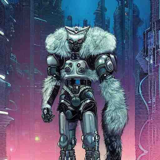 portrait of a cybernetic werewolf warrior with white fur and power armor, cyberpunk concept art by josan gonzales and moebius and enki bilal and and dan mumford and jean claude meziere and philippe druilleg 