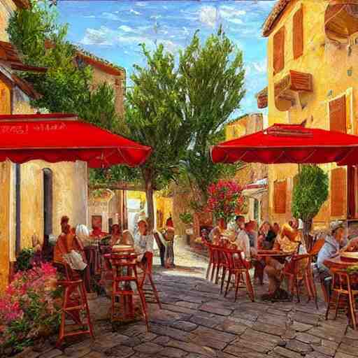 a traditional pizzeria in the street of a small village on the riviera. a terrace in the shade of a hundred - year - old olive tree, a friendly atmosphere around pizzas and rose wine. dolce vita. unreal engine rendering, hyper realist, ultra detailed, oil painting, warm colors, happy, impressionism, da vinci, 4 k, 