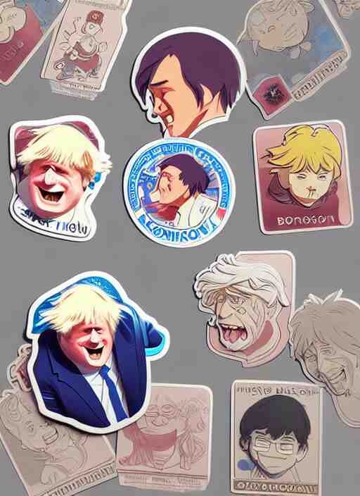 cute boris johnson sticker design, natural lighting, path traced, highly detailed, high quality, digital painting, by don bluth and ross tran and studio ghibli and alphonse mucha, artgerm 