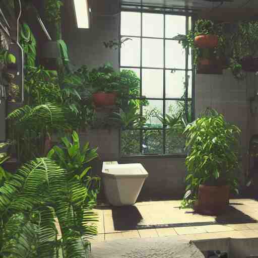 a bathroom with a lot of plants inside of it, cyberpunk art by Gregory Crewdson, unsplash, ecological art, reimagined by industrial light and magic, rendered in unreal engine, diorama