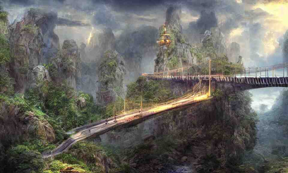 a suspension bridge leading to a small flying island in the sky with the ruins of a tower, stunning digital illustration, by james gurney, cinematic lighting, intense colors, beautiful composition, detailed, mystical, beautiful and mysterious 