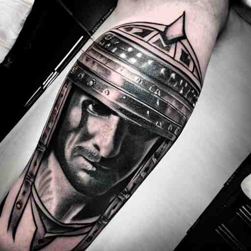 an up close gladiator with shield and sword, tattoo, tattoo art, Black and grey tattoo style,