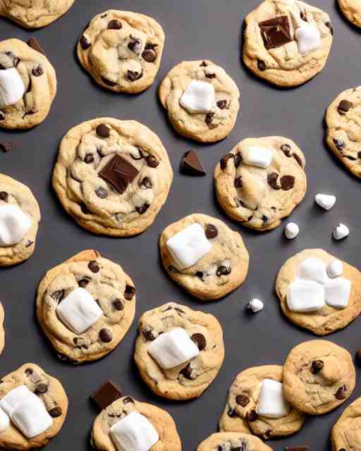 plate full of several freshly baked chocolate chip cookies, delicious, glistening, chocolate sauce, marshmallows, highly detailed, award winning photography octane render 