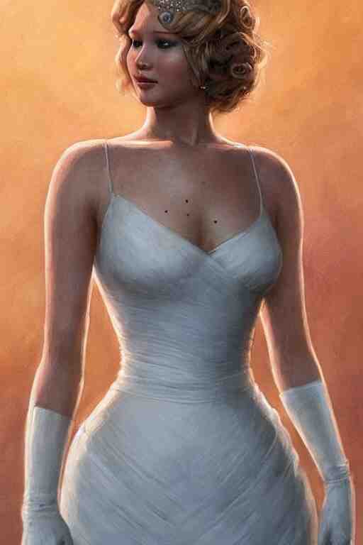 Jennifer Lawrence as Queen wearing a White Dress, anatomy, only two hands, highly detailed, digital painting, artstation, concept art, smooth, sharp focus, illustration, Unreal Engine 5, 8K, art by art by artgerm and greg rutkowski and edgar maxence