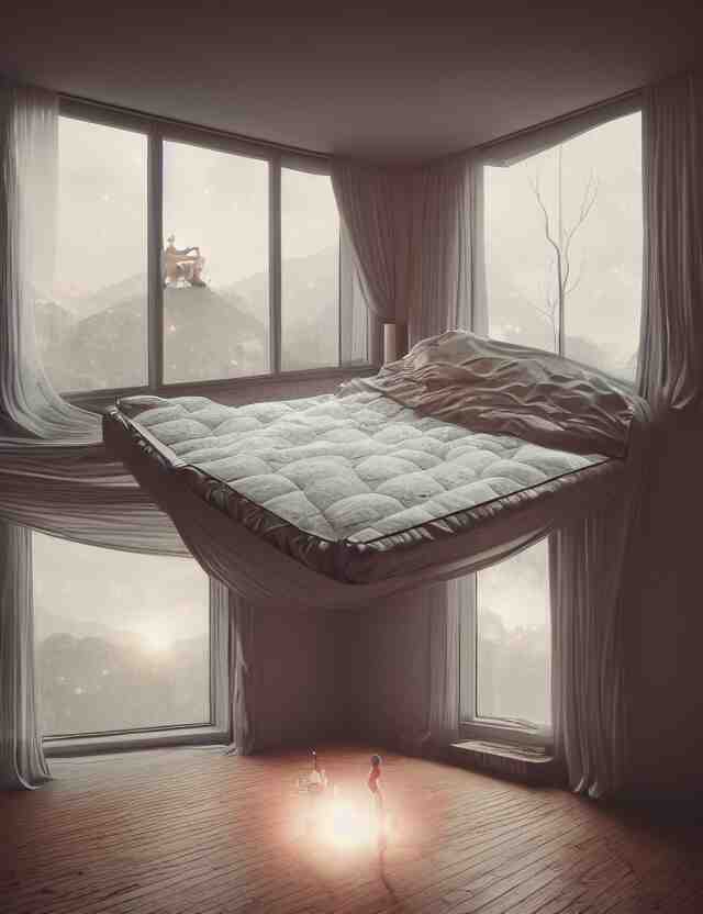 an ultra wide angle photo of a bed hovering above the floor in the middle of a giant bedroom with windows opening to other worlds by casey weldon and lee madgewick, photorealistic, octane render, recursive, flowing, cascading, multiverse, labyrinthine 