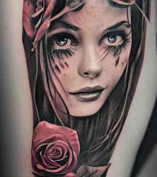 tattoo design on white background of a beautiful girl warrior, roses, hyper realistic, realism tattoo, by eliot kohek 