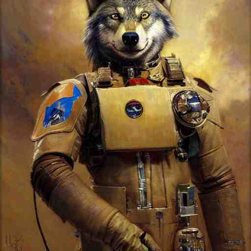 a portrait of a wolf dogman canine star pilot. highly detailed painting by gaston bussiere, craig mullins, j. c. leyendecker, furry 