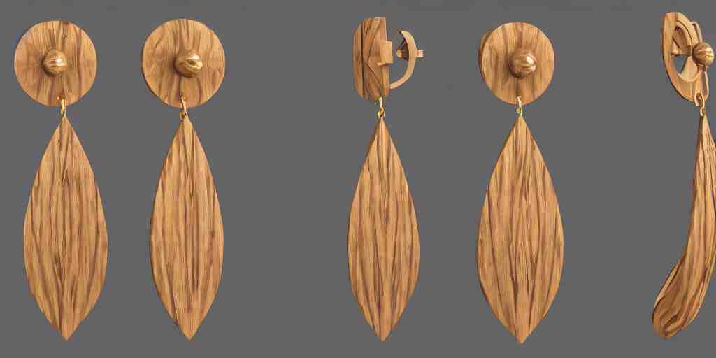 earring design, jewelry design, wood, nordic, art deco, intricate, elegant, material, product design, trending on artstation, cgsociety, photo realistic, design by ziva cph and isabel lennse and kalevala, 8 k, unreal engine, c 4 d 